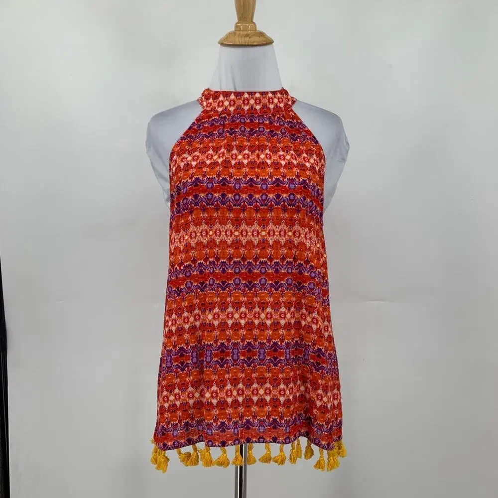THML Top Womens S Small Red Orange Multi Halter Big Bow Tie Back Tassels Hem